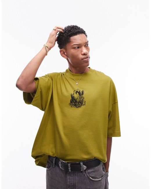 Topman Green Premium Extreme Oversized Fit T-shirt With Front And Back Nesting Doves Print for men