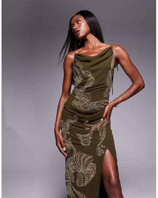 Robe longue ornementée à superposition avec jupe drapée et taille basse - kaki ASOS en coloris Brown