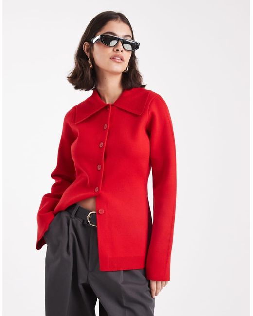 ASOS Red Premium Compact Knit Cardigan With Collar Detail