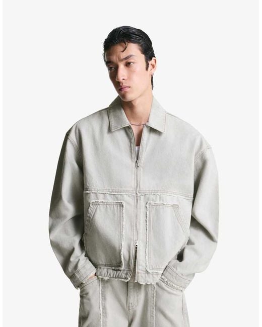 Bershka White Denim Jacket With Fringing for men
