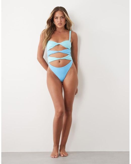 Oh Polly Blue Twist Detail Strapless Swimsuit