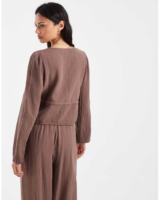 Pieces Brown Crinkle Cotton Tie Front Long Sleeve Top