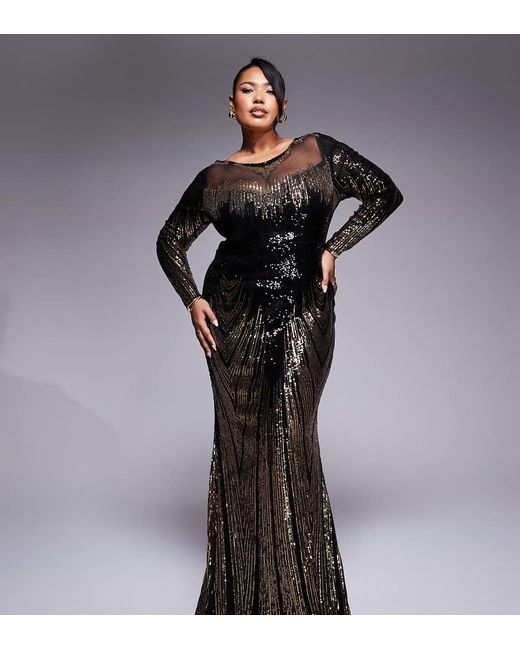 Goddiva Black Curve Long Sleeve Aztec Sequin Maxi Dress