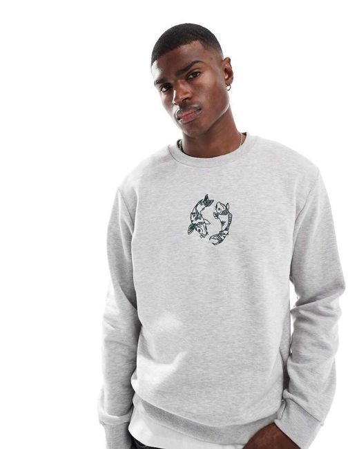 Jack & Jones White Oversized Sweat With Carp Embroidery for men