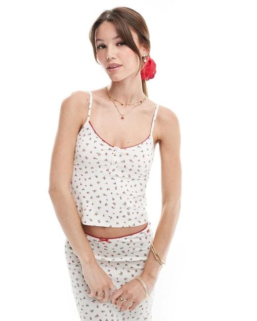 Pull&Bear White Ditsy Floral Pointelle Cami Top Co-ord