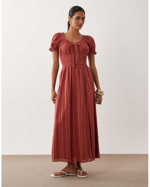 Miss Selfridge Red Eyelet Milkmaid Midaxi Dress