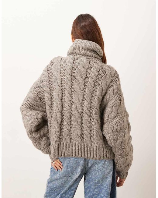 ARRANGE Brown Hand Knit High Neck Cable Knit Sweater