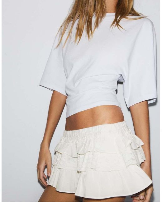 Stradivarius White Ruffled Mini Shorts