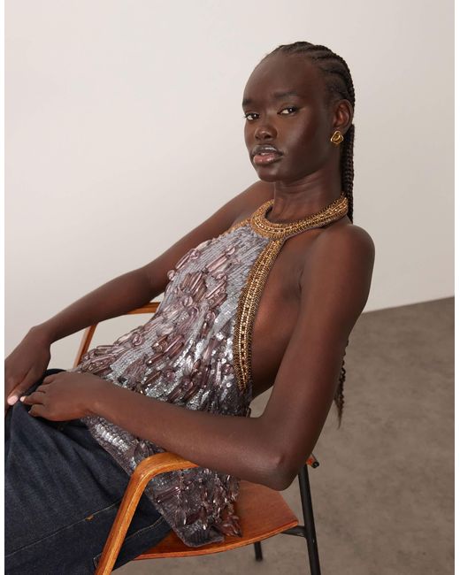 ARRANGE Brown Halter Embellished Top