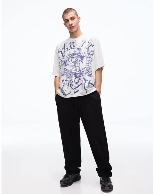 Bershka White Short Sleeve Boxy Oversized Print T-shirt for men