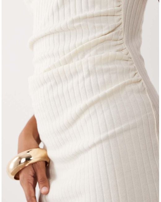 ASOS White Ribbed Cap Sleeve Ruched Midi Dress