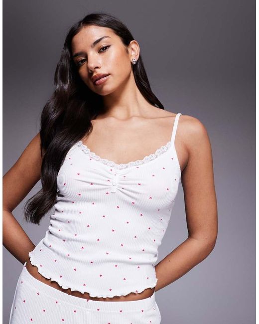 Boux Avenue White Heart Printed Lace Trim Cami And Trouser Pyjama Set
