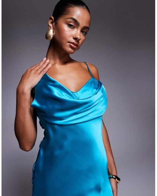 River Island Blue One Shoulder Cowl Neck Maxi Dress