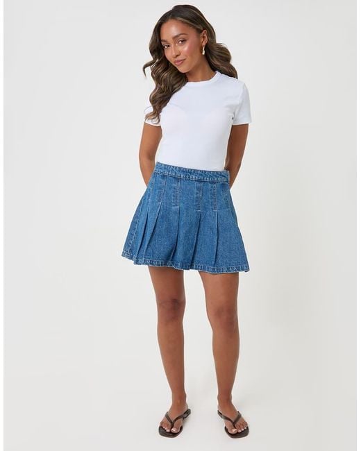 Threadbare Blue Denim Pleated Mini Skirt
