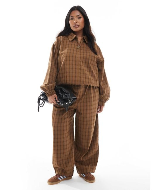ASOS Brown Curve Textured Barrel Leg Pull On Trousers Co-ord With Seam Detail