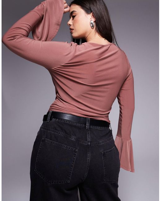 ASOS Brown Asos Design Curve Asymmetric Gathered Flared Long Sleeve Top