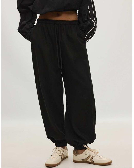 Stradivarius Black Linen-effect Sarouel Trousers