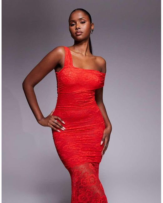Kaiia Red Exclusive Double Laye Slinky Lace Asymmetric One Shoulder Sheer Hem Maxi Dress