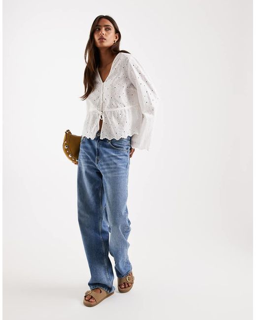 Pieces White Long Sleeve Embroidered Blouse With Waist Detail