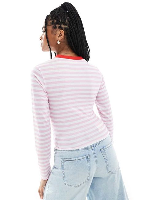 Top Aderente A Righe Con Ricamo Floreale E Bordi A Contrasto di ASOS in Pink