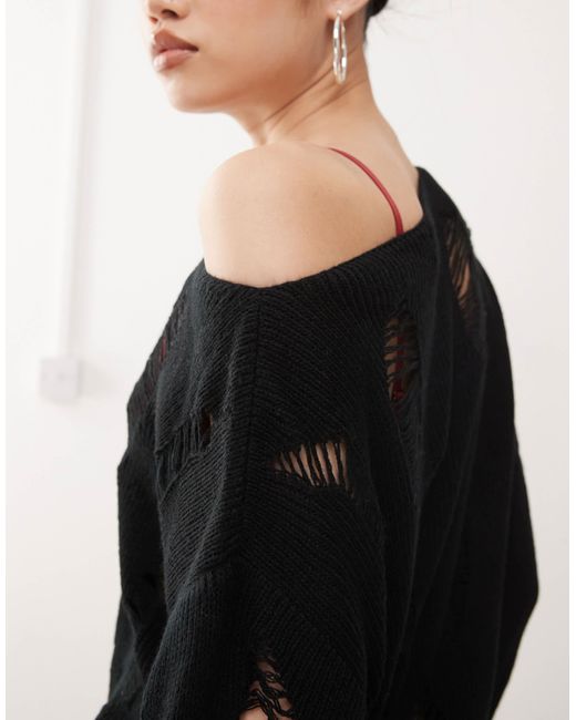 Pull en maille échelle effet usé à encolure bateau Princess Polly en coloris Black
