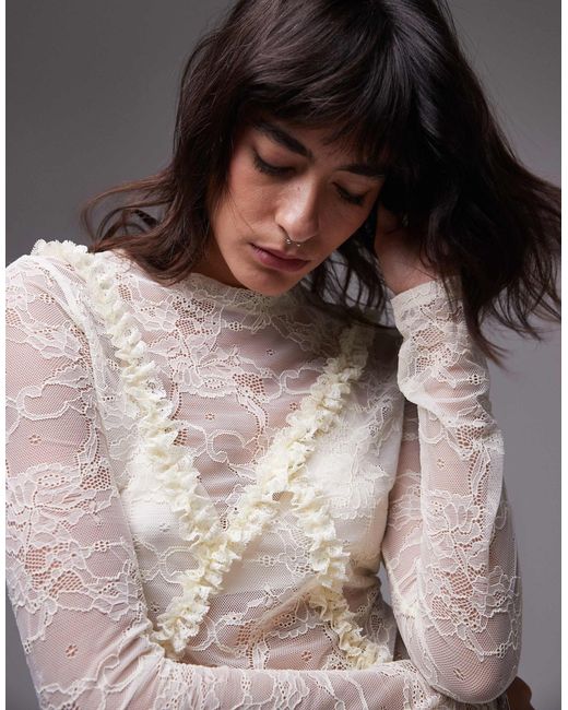 TOPSHOP Gray Lace Ruffle Front Long Sleeve Top