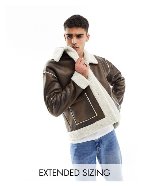 ASOS Oversized Shearling Lined Aviator Jacket in Brown for Men Lyst