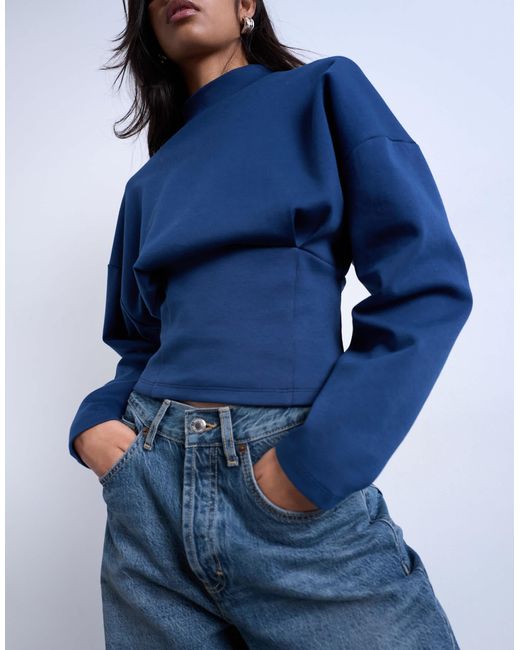 TOPSHOP Blue Interlock Corset Waist Long Sleeve Top