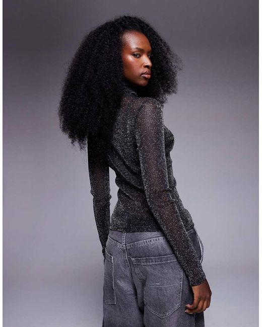 ASOS Black Roll Neck Sheer Metallic Second Skin Mesh Top