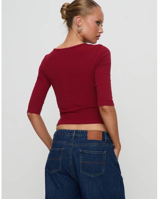 Princess Polly Red Elaia Cotton Rich Slash Neck 3/Sleeve Top