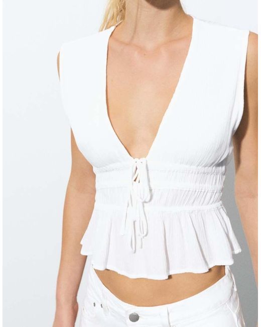 Pull&Bear White Crepe Top With Ties