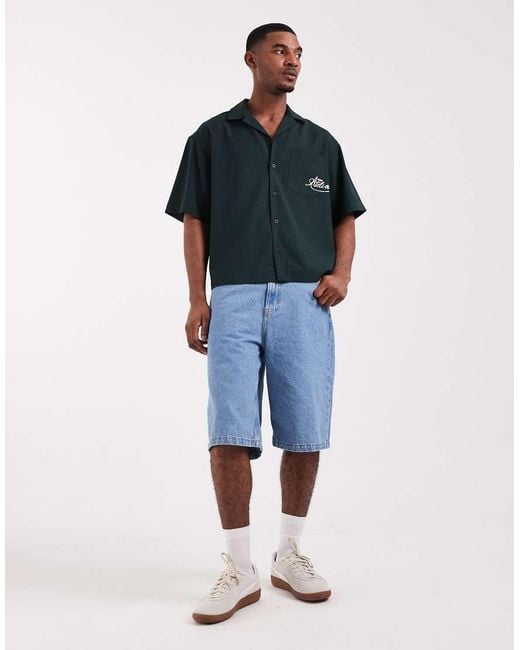 ASOS Blue Boxy Oversized Revere Ribbed Shirt With Pocket Embroidery for men
