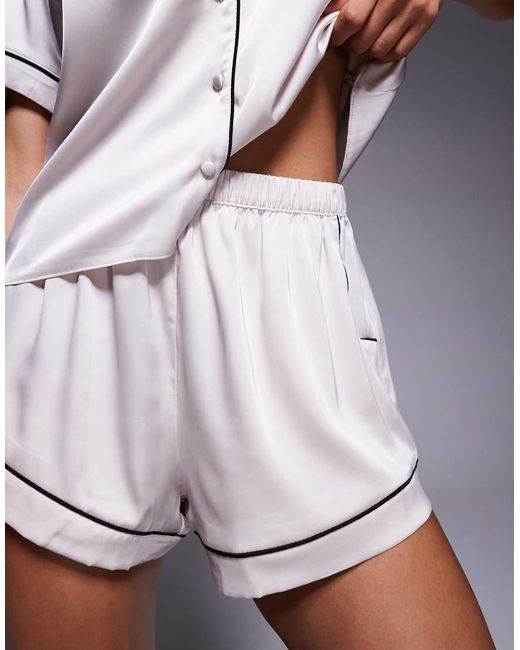 Boux Avenue Brown Luxe Satin Revere Top And Shorties Set With Piping Detail