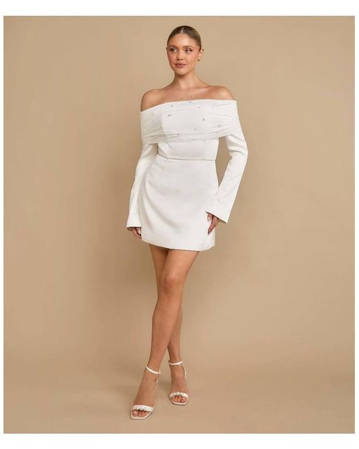 Six Stories Brown Pearl Trim Bardot Mini Dress