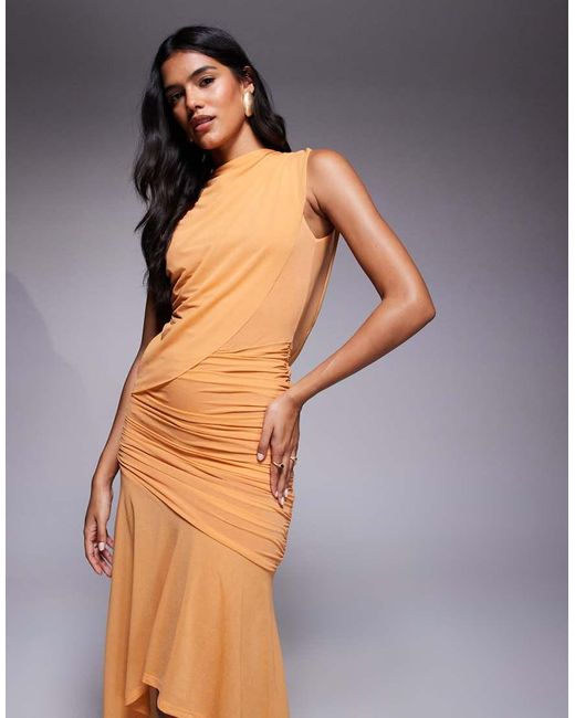ASOS Gray Ruched Maxi Dress With High Low Hem