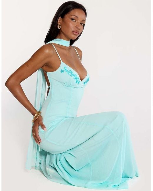Princess Polly Blue Jadira Chiffon Scarf Detail Embroidered Detail Cami Maxi Dress