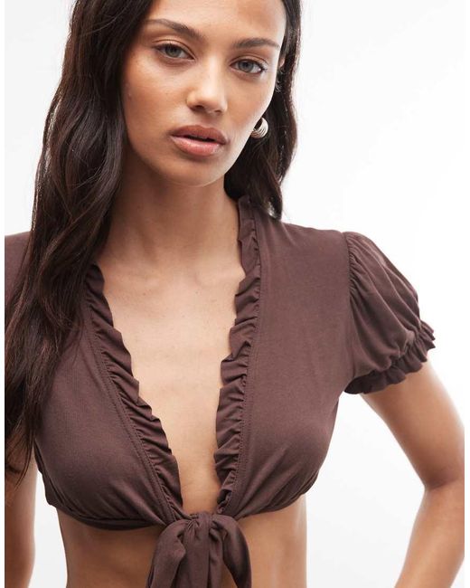 Reclaimed Vintage Brown Tie Front Cropped Top