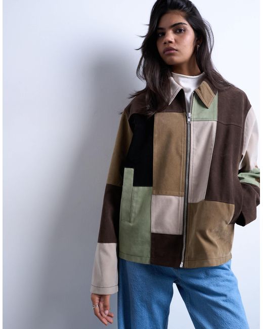 TOPSHOP Brown – mehrfarbige, kastige patchworkjacke aus wildlederimitat mit durchgehendem reißverschluss