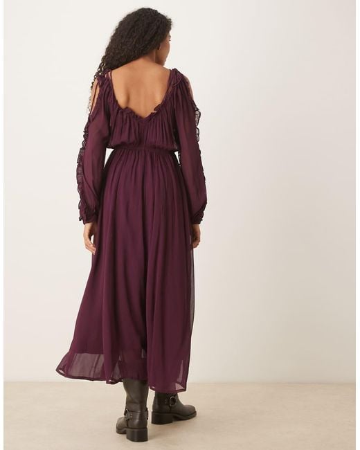 ASOS Purple Ruffle V Neck Maxi Dress With Tie Front