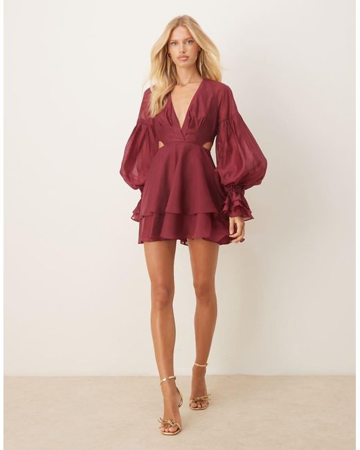 ASOS Red Organza Pleated Mini Dress With Blouson Sleeve And Cuff Detail