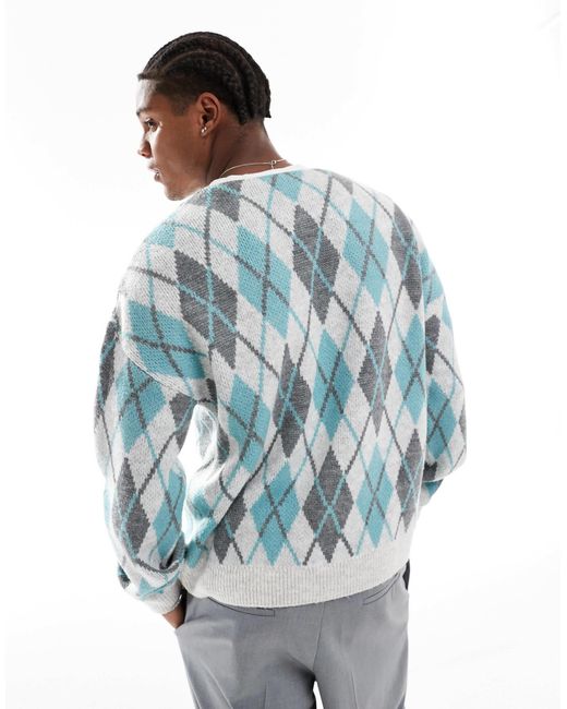 ASOS Blue Relaxed Fluffy Knitted Cardigan With Argyle Pattern for men