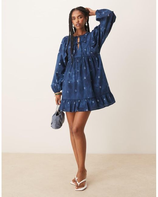 Nobody's Child Blue Mae Tie-detail Balloon Sleeve Mini Dress