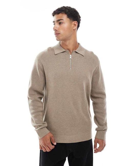 Jack & Jones Gray Premium Long Sleeve Knitted Polo With Quarter Zip for men