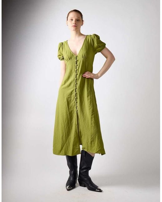 Glamorous Green Button Front Deep V-Neck Midi Dress