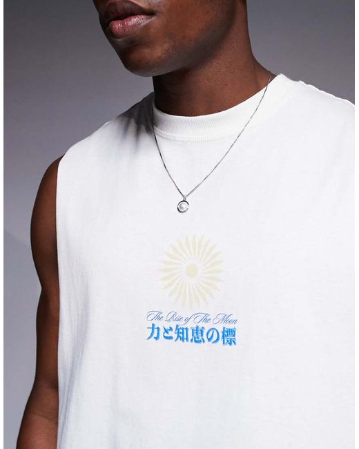 River Island Blue Japanese Moon And Dragon Back Print Tank for men