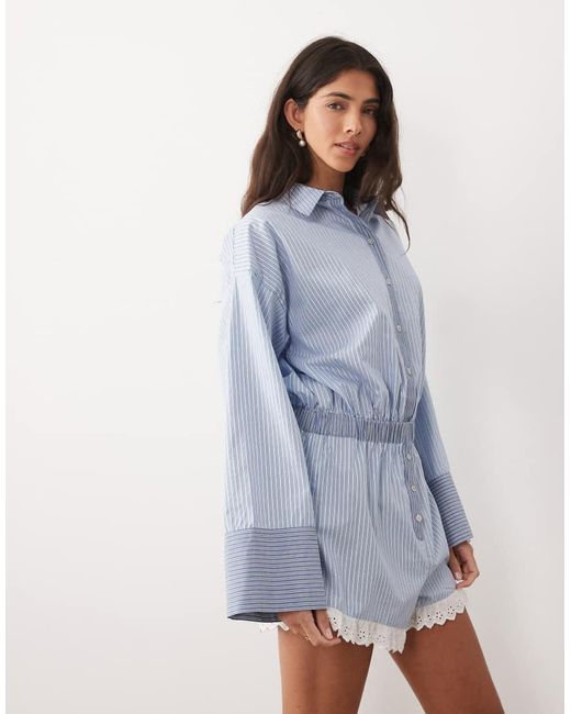 ASOS Blue Shirt Playsuit With Lace Trim