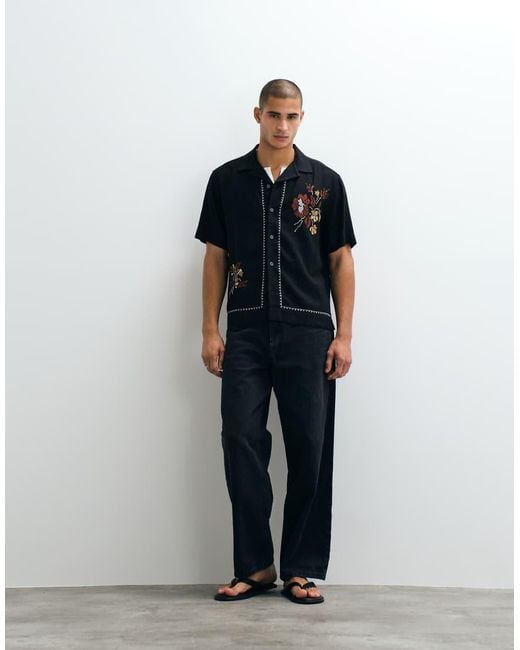 Abercrombie & Fitch Blue Linen Rich Resort Embroidered Short Sleeve Shirt for men