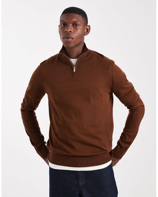 Threadbare Brown 1/4 Zip Jumper for men