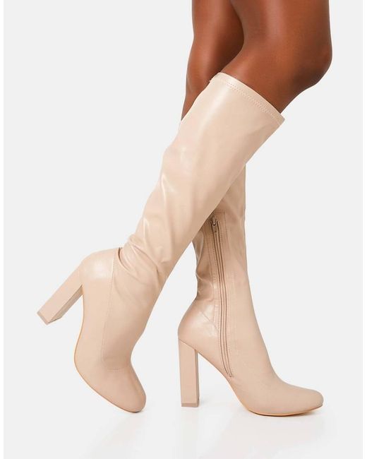 Public Desire Natural Christina Pu Pointed Toe Block Heel Knee High Boots