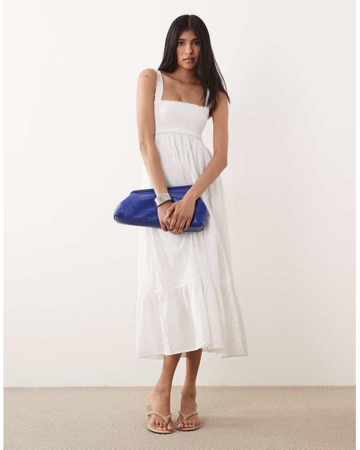 Abercrombie & Fitch Natural Smocked Tiered Midi Dress With Removeable Straps